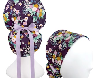 Rifle Paper Co Scrub Cap Ponytail | Floral Scrub Cap Women | Adjustable Tie Back Surgical Cap | Satin Lined Option | Nurse Gift