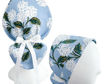 Nurse Surgical Hat Floral Meadow Scrub Cap with Ribbon Cinch Ties Ponytail Medical Headwear Light Blue Hydrangea