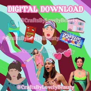 Puede incluir: Gráfico de descarga digital con ilustraciones de una casa, caramelos, gafas de sol y mujeres. El texto "DIGITAL DOWNLOAD" está en la parte superior. La imagen tiene una estética retro y colorida con un fondo ondulado.