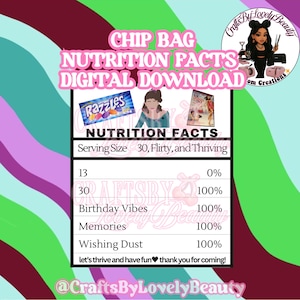 Puede incluir: Un gráfico de descarga digital con un diseño de etiqueta de información nutricional. La etiqueta incluye el texto "Chip Bag Nutrition Facts Digital Download" y presenta imágenes de dulces y una mujer. El tamaño de la porción es "30, Flirty, and Thriving."