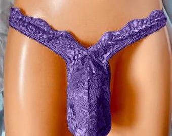 UK Handmade Men’s Frilly Lace Pouch Skimpy French Knicker Thong in Purple: Panties, Knickers, Sexy Underwear, Sissy, Pretty, Lacey