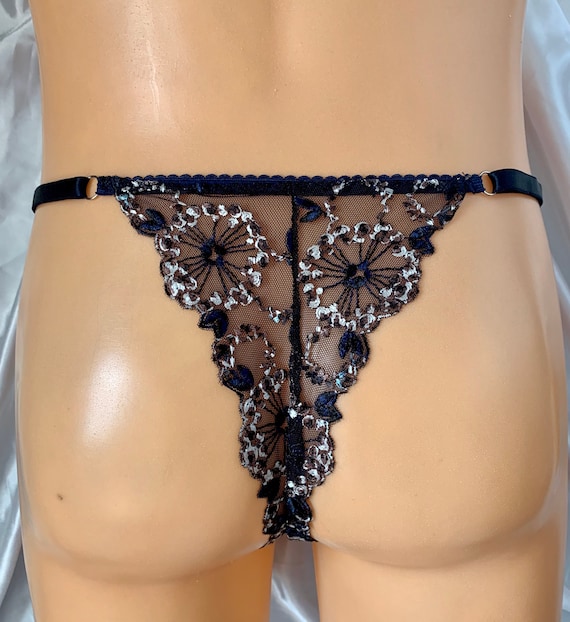Limited Edition Mens Lace Slim Front Pouch Adjustable Thong in Embroidered  Navy Blue and Gold. Panties, Underwear, Sissy, Undies 
