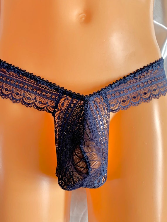 HANDMADE in UK Mens Lace Shaft Pouch Skimpy Knickers Thong in Navy