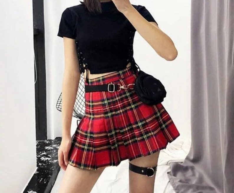 Red Black Goth Skirt / Anime Skirt / Cosplay Tartan Skirt / Etsy