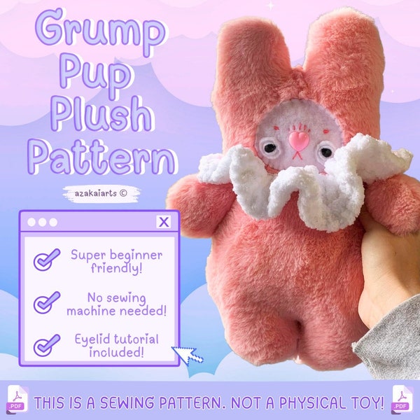 GRUMP PUPS - beginner plush sewing pattern -  90s kidcore kawaii cute easy tutorial instructions sewing craft gift soft toy animal