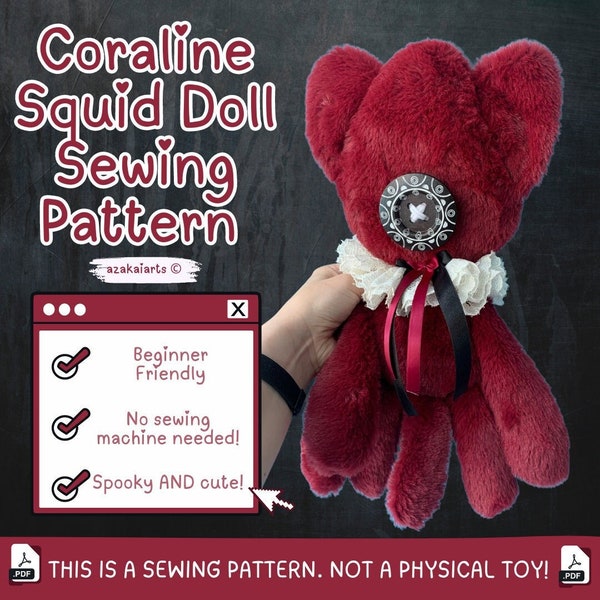 Coraline Inspired Squid Sewing pattern -  plush sewing pattern beginner friendly craft soft toy emo spooky goth creepy cute gift halloween