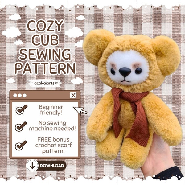 COSY CUB - Patron de couture peluche pour débutant - Tutoriel kawaii kawaii pour débutants des années 90, instructions de bricolage, cadeau doudou animal ours bébé