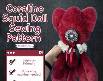 Coraline Inspired Squid Sewing pattern -  plush sewing pattern beginner friendly craft soft toy emo spooky goth creepy cute gift halloween
