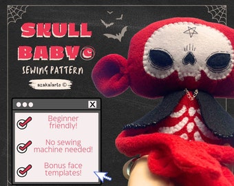 Skullbaby Sewing pattern -  plush sewing pattern beginner friendly craft soft toy stuffie plushie goth creepy cute kawaii gift halloween