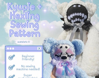 KYUPIE HEXLING - Clown bear bunny cat dog 90s kidcore clowncore Sewing pattern instructions template stuffed animal felt plushie toy craft