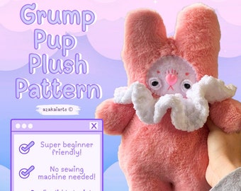 GRUMP PUPS - beginner plush sewing pattern -  90s kidcore kawaii cute easy tutorial instructions sewing craft gift soft toy animal