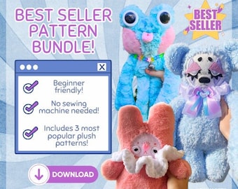 BEST SELLER - beginner plush sewing pattern bundle -  90s kidcore kawaii cute easy tutorial instructions sewing craft gift soft toy animal