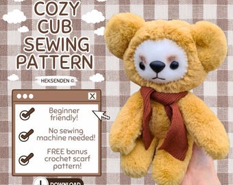 EASY SEWING PATTERN - cozy cub sitting style beginner plush pattern -  90s kidcore kawaii cute easy tutorial craft handmade gift stuffed toy