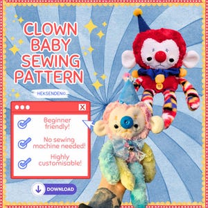 簡単な裁縫パターン - ピエロの赤ちゃん - ぬいぐるみ 90 年代 キッドコア ピエロコア 子供用 ギフト かわいい 初心者向け クラフト ぬいぐるみ チュートリアル 手作り
