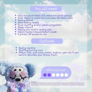 May include: A blue and pink plush toy with a grumpy expression. The toy is a sewing project and the image includes a list of materials needed and a difficulty level.