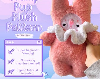 May include: A pink plush sewing pattern for a grumpy pup with white fur around the neck. The pattern is beginner friendly and includes an eyelid tutorial. The text on the image reads "Grump Pup Plush Pattern" and "This is a sewing pattern. Not a physical toy!"