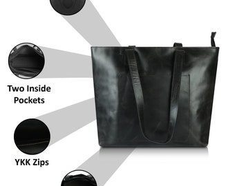 FREE Personalisation – Black Full Grain Leather Tote Bag