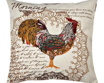 2 Pc Farmhouse Charm: Rooster Embroidered Cushion Cover - Add Rustic Elegance to Your Home Décor for sofa couch bedroom patio living room