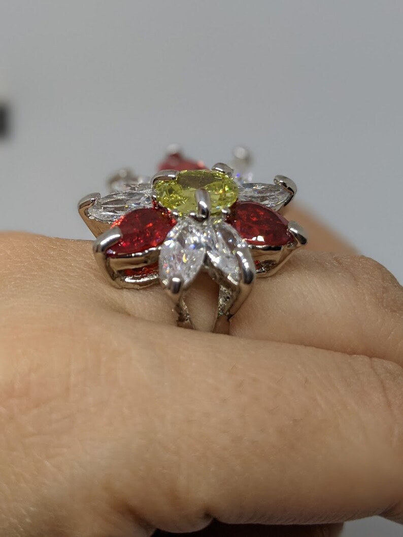 Red /& White Rhodium and Zirconium flower ring