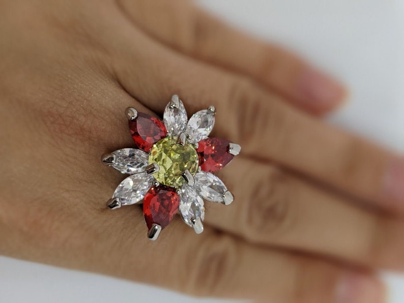 Red /& White Rhodium and Zirconium flower ring