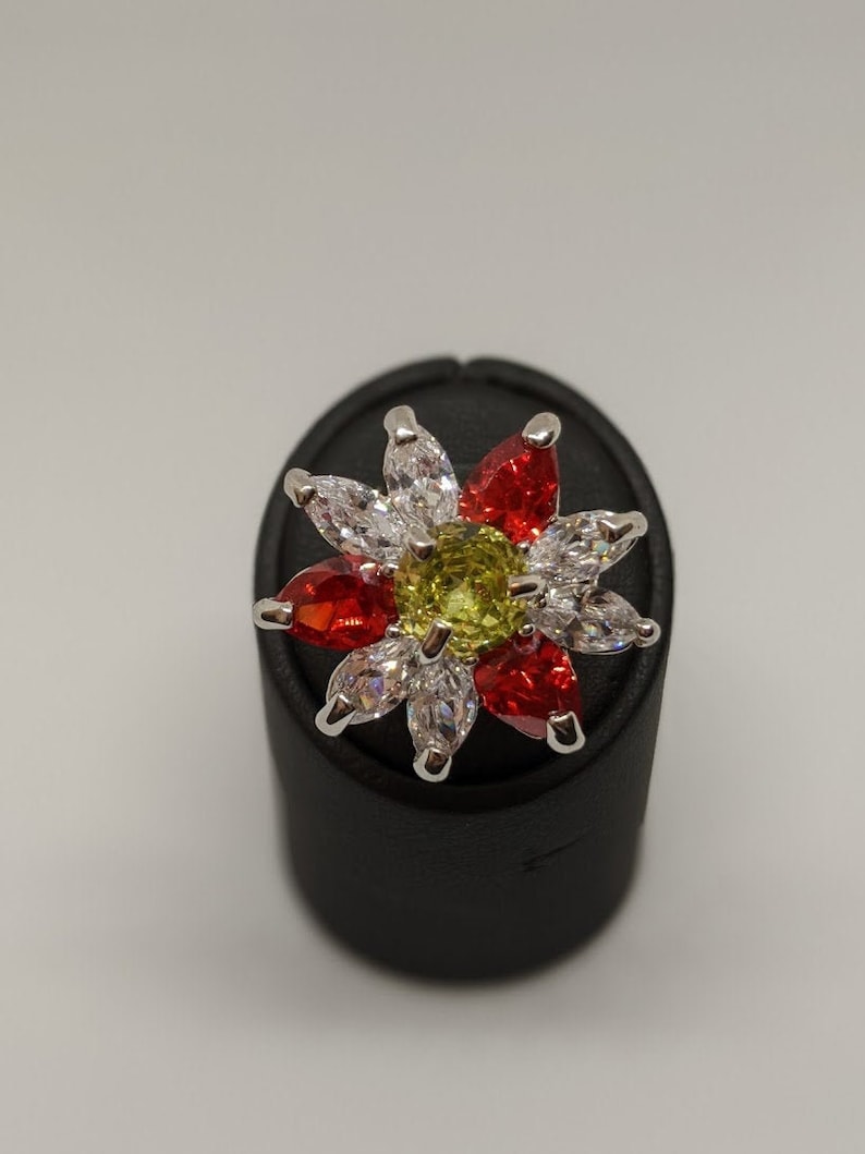 Red /& White Rhodium and Zirconium flower ring