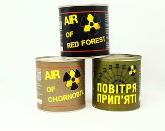 CANNED souvenirs from Chornobyl Zone: Air of Prypiat, Air of Chernobyl, Air of Red Forest. The Extraordinary gift from Exclusion Zone.