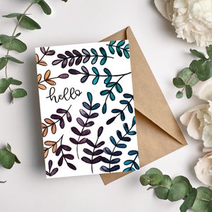 Hola Tarjeta de felicitación de acuarela de hoja colorida / Tarjetas de felicitación hechas a mano para todas las ocasiones / Hechas a mano / Tarjetas con sobres