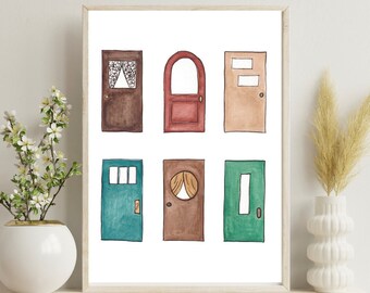 Watercolor Door Painting | Boho Watercolor Print | Colorful Wall Art | Midcentury Doors Art Print