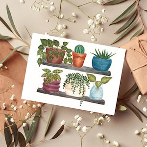 Carte de voeux aquarelle de plantes d'intérieur, carte de correspondance faite main, note encourageante, carte avec enveloppe, amateurs de plantes, éclectique