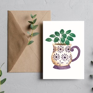 Tarjeta de felicitación de taza de té morada, Tarjeta de nota de planta en maceta con sobre, Tarjeta de aliento para seres queridos, Tarjeta en blanco para cualquier ocasión