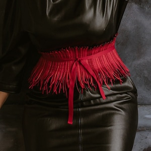 Bohemian Fringe Red Corset Belt for Curvy Women, Custom Folk Fabric Wide Waist Belt, Plus Size Statement Accessory for Dresses,  Festival