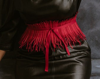 Fringe Red Corset Belt For Curvy Women, Custom Folk Fabric High & Wide Waist Belt, Bohemian Plus Size Plain Dress Belt, Statement Accessory