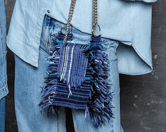 Personalized Luxury Blue Purse Made From Zero Waste Blue Texture For Women, Boho Fringe bag, Mini vocation handbag, Texas style handheld