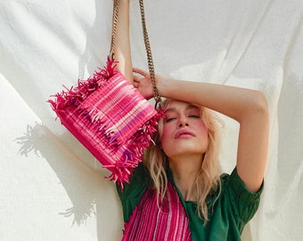 Hot Pink Top Handle Bag, Romantic Fringe Boho Purse, Authentic Designer Crossbody, Sustainable Zero-Waste Handbag, Custom Color Boho Gift