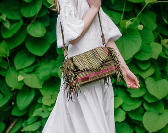 Green Haki Color Unique Shoulder Bag, Bohemian Women Purse, Fringe Gipsy Style Bag, Country Girl Shoulder Bag, Texas Style Bag, Custom Order