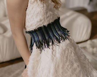 Custom Fringe Corset Belt – Dark Blue & Green Waist Cincher, Unique Cottagecore Underbust Sash, Plus Size Friendly Festival Wrap