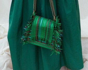 Green Top Handle, Emerald Green Boho Style Fringe Bag, Autentic Designer Crossbody Purse, Sustainable Zero waste Bag, Custom Color Boho Gift