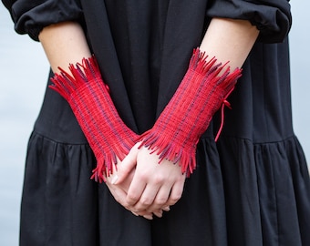 Custom Red Wrist Warmers, Handmade Wristbands, Fingerless Handwarmers, Unisex Winter Warm Mittens Made From Unique Fringe Tweed Fabric