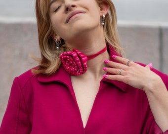 Pink Flower Choker: Satin Rose Choker, Unique Design Necklace & Belt, Modern Flower Brooch, Silk Large Rose, Neck Pendant, 3in1 Flower