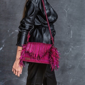 Boho Handmade Hot Pink Fringe Bag – Woven Crossbody Purse with Top Handle, Shoulder or Flap Style Bag for Everyday Use