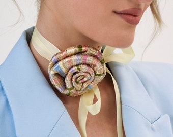 Pastel Flower Choker, Custom Satin Rose Choker, Unique Texture Necklace, Silk Large Rose, Neck Choker Pendant, Pastel Wedding Guest Look