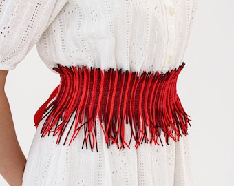 Red Belt: Handcrafted Obi Belt, Universal fit & Perfect for Summer Celebrations Guest look, Elegant Fringe Waist Corset, Available Plussize