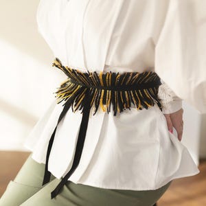 Ready to Ship Fringe Corset Belt, Unique Under Bust Corset, Black & Gold Waist Cincher, Cottagecore Fringe Sash, Gift For Plus Size Women