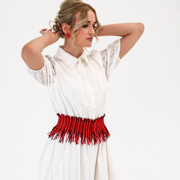 Ready to Ship Red Belt: Handcrafted Obi Belt, Universal fit & Perfect for Summer Guest look, Elegant Fringe Waist Corset, Perfect Gift