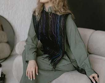 Handwoven Corset Vest with Fringe – Bohemian Statement Waistcoat, Handmade Textile Top, Unique Artisan Clothing