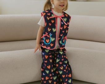 Heart Print Girls Vest - Handmade Reversible Toddler Waistcoat, Designer Boutique Kids Clothes