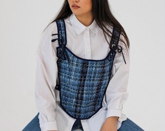 Handmade Denim Statement Vest, Adjustable Corset Vest for Women, Upcycled Denim Waistcoat, Sustainable Woven Denim Gilet, Y2K corset top