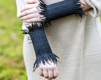 Custom Black Wrist Warmers Handwarmers, Wrist Gloves, Tweed Fingerless Mitts, Wrist Cuff, Made From Unique Fringe Texture wrist bracelet