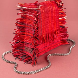 Fringe Texture Vegan Mini Bag, Small statement purse, Authentic BOHO Style shoulder bag, Luxury Red Handbag, Zerowaste Boho Style Wall Decor image 1