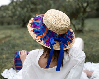 Biarritz Straw Hat for Women - Custom Beach Accessory for a Stunning Summer Look, Bridal Boho Natural Straw Hat, Blue and Orange Fringe Brim